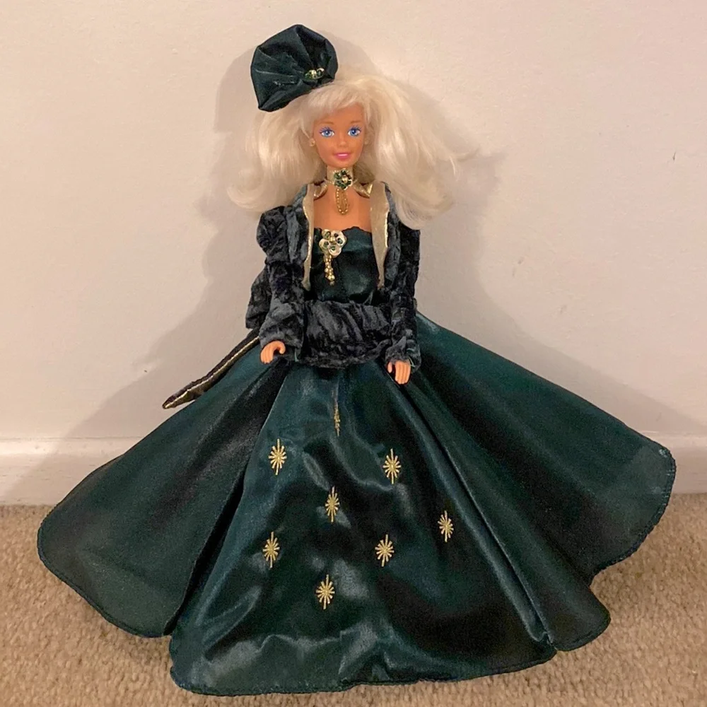Vintage 90s Barbie Mattel Green and Gold Holiday Gown Fancy Evening Dress  Doll
